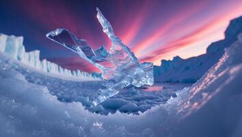 Ice Shard on Frozen Landscape with Vibrant Sky at Dusk photo