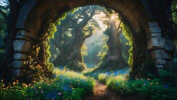 Walking Through Stone Archway Into Lush Flower Meadow Forest Path photo