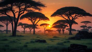 Savanna Trees Silhouetted Against a Bright Sunset with Green Field photo