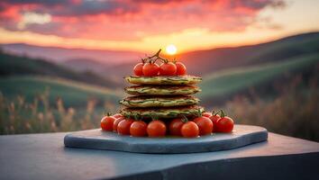 Pancakes with Tomatoes Stacked on Gray Stone Against Sunset Landscape photo