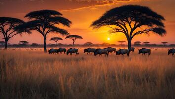 Wildebeest Grazing in African Savannah Grassland at Sunset with Silhouetted Trees photo