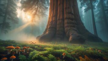 Giant Tree in Forest with Sun Rays and Small Mushrooms Below photo