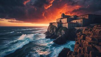 Coastal Building on Cliff with Waves and Dramatic Sunset Sky photo