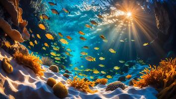 Swimming Fish School in Ocean Water with Sunlight and Coral Reef photo