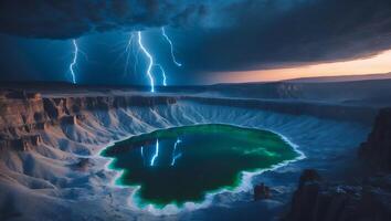 Lightning Strikes Over Dramatic Crater Lake Landscape at Twilight Hour photo