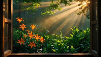 Orange Lilies Frame View Through Window to Sunlit Misty Forest photo