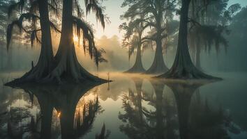 Foggy Swamp Landscape with Cypress Trees and Water Reflection photo