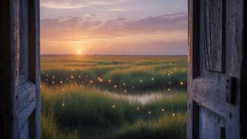 Sunrise Through Open Door Overlooking Marsh with Floating Lights photo