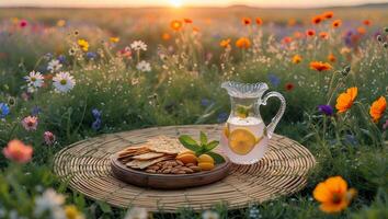 Outdoor Picnic in Wildflower Meadow with Refreshing Lemonade and Snacks photo