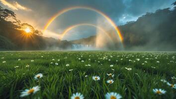 Scenic Waterfall Landscape with Double Rainbow and Wildflower Meadow photo