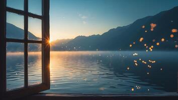 Open Window Overlooking Calm Lake at Sunrise with Mountain Backdrop photo