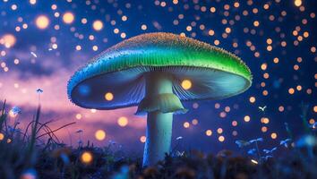 Glowing Mushroom in Magical Forest at Night with Bokeh Lights photo