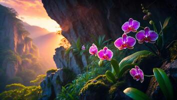 Blooming Orchid Flowers in Mountain Landscape at Golden Sunset Light photo