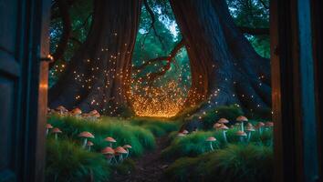 Entering Enchanted Forest Path with Glowing Lights and Amanita Mushrooms photo