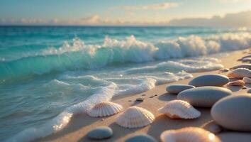 Waves Rolling Onto Sandy Beach with Seashells and Smooth Stones photo