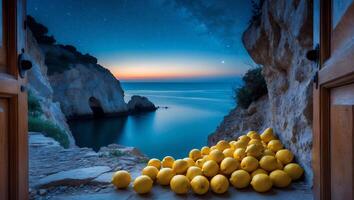 Lemons by Open Door Overlooking Ocean at Sunset with Stars photo
