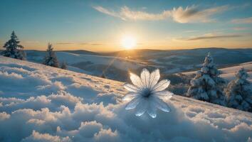 Flower in Snowy Winter Landscape at Sunset with Mountain Views photo