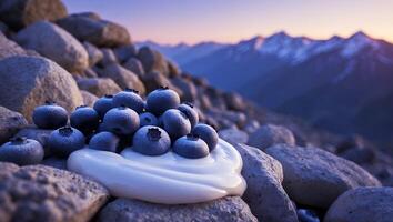 Blueberries with Cream on Mountain Rocks at Sunset Create Contrast photo