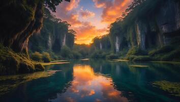 River Reflecting a Fiery Sunset Surrounded by Lush Green Cliffs photo