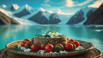Delicious Food Plate with Tomatoes and Cheese Over Mountains Landscape photo