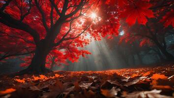 Autumn Forest with Red Maple Leaves and Sun Rays Shining Through photo