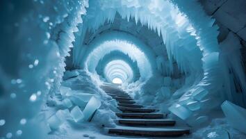 Walking Through Ice Cave with Snowy Steps and Hanging Icicles photo