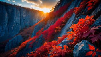 Cliffside Red Foliage at Sunset - Serene Mountain Landscape photo