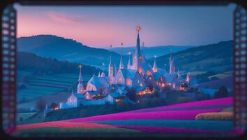 Fantasy Village at Dusk with Blooming Meadows and Rolling Hills photo