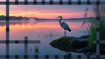 Heron at Lake During Sunrise Framed by Abstract Geometric Foreground photo