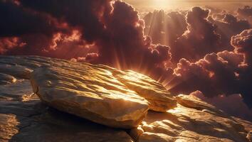 Rocks on a High Peak with Sun Rays and Cloudy Sky View photo