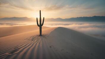 Solitary Cactus Silhouette on Sand Dune at Sunrise in Desert photo