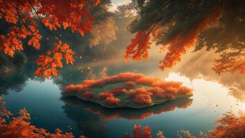 Autumn Lake Island with Mist and Sunlight Through Orange Trees photo