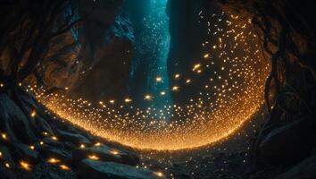 Glowing Particle Stream in Dark Cave with Striking Blue Light photo