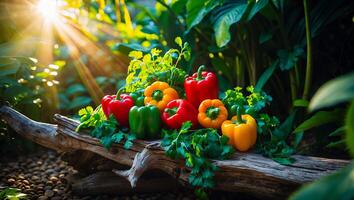 Colorful Bell Peppers on Log with Sun Rays and Lush Background photo