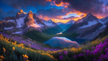 Mountain Peaks and Lake Reflecting Colorful Sunset Sky with Wildflowers photo