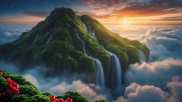 Waterfall Cascading Down Lush Green Mountain Above Clouds at Sunset photo