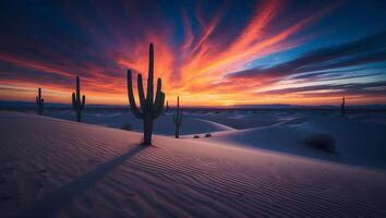Cactus Plants in Desert at Colorful Sunset Sky and Sand Dunes photo