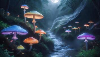 Glowing Mushrooms and Stream in Misty Forest Fantasy Landscape photo