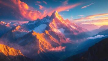 Majestic Mountain Peaks Glowing at Sunset with Clouds and Valley View photo