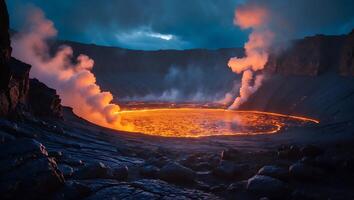 Erupting Volcano with Flowing Lava and Rising Smoke at Night photo