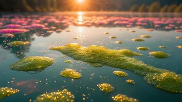 Floating Algae on Water Surface at Sunset with Light Reflection photo