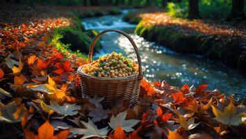Basket of Chickpeas by Stream with Autumn Leaves in Forest photo