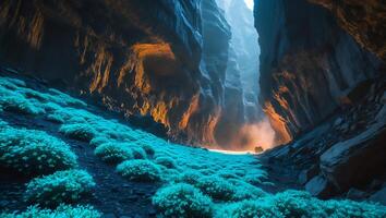 Exploring Deep Canyon with Glowing Plants and Mysterious Light Rays photo