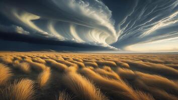 Dramatic Cloudscape Over Golden Grass Field, Nature's Powerful Display photo