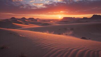 Sand Dunes at Sunset with Orange Sky Over the Desert Landscape photo