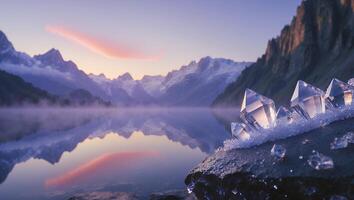 Crystals on Rock Overlooking Lake Reflecting Mountains at Dawn photo