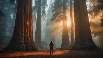 Person Standing Among Giant Redwood Trees in a Mystical Forest photo