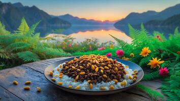 Delicious Food Plated with Landscape Scenery at Colorful Sunset photo
