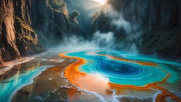 Colorful Thermal Spring with Steam Rising in a Canyon Landscape photo