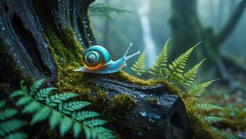 Snail Crawling on Log with Ferns in Enchanted Forest Scene photo
